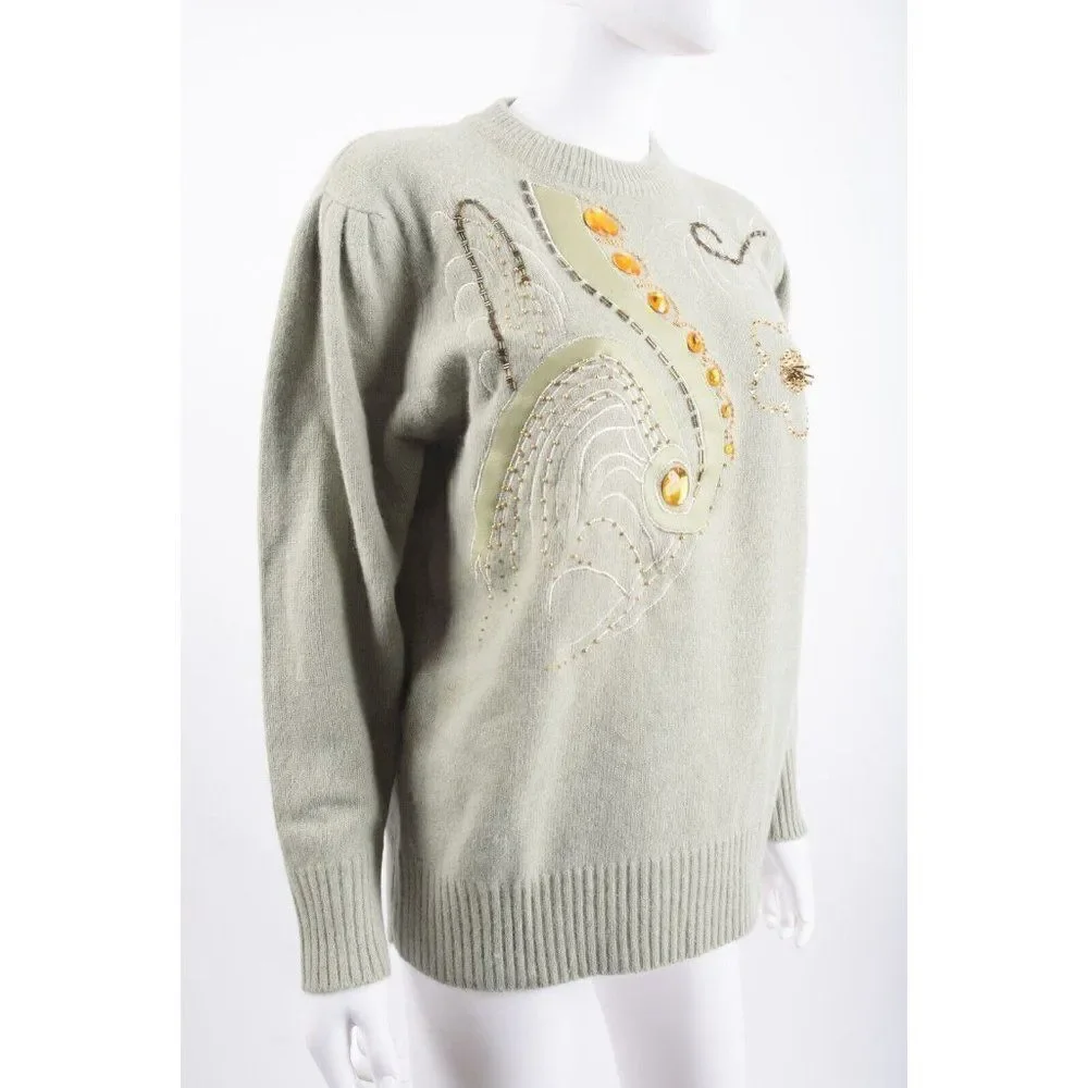 Vintage 80s Anna Womans Sweater Size S Wool Sage Green Beaded embellished